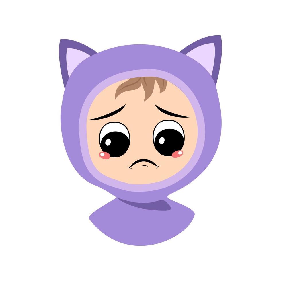 Avatar of child with crying and tears emotion, sad face, depressive eyes in cat hat. Cute kid with melancholy expression in autumnal or winter headdress. Head of adorable baby vector