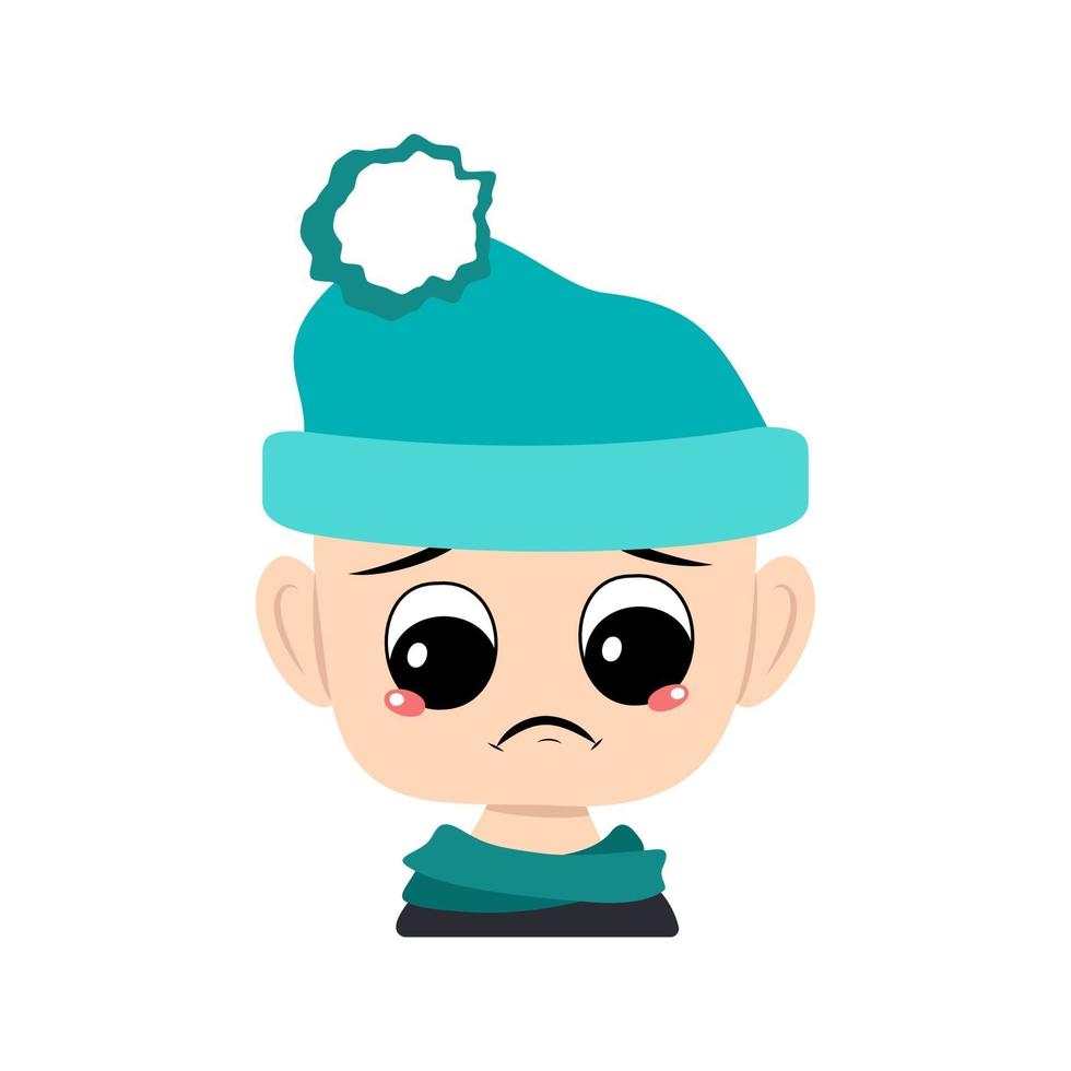 avatar de niño con emociones tristes, cara deprimida, ojos caídos con sombrero azul con pompón. cabeza de niño pequeño con expresión melancólica vector