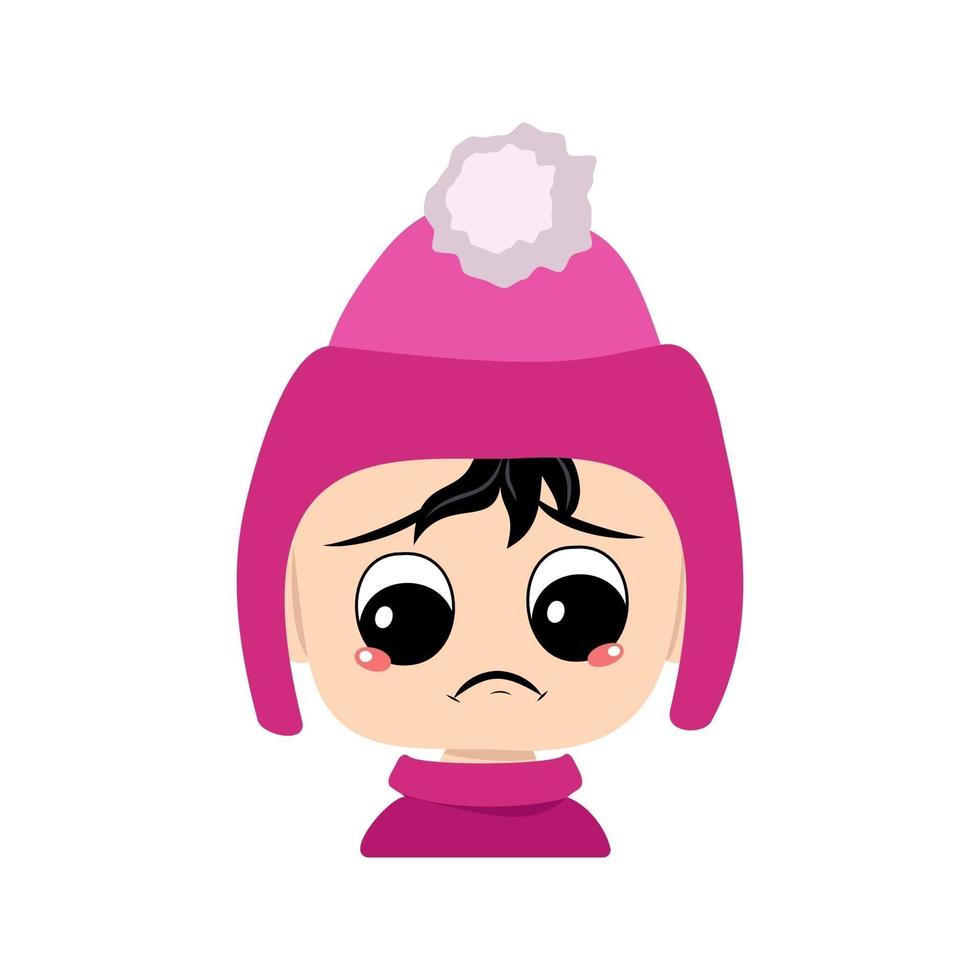 Baby with sad emotions, depressed face, down eyes in pink hat with pom pom. Kid with melancholy expression in headdress vector