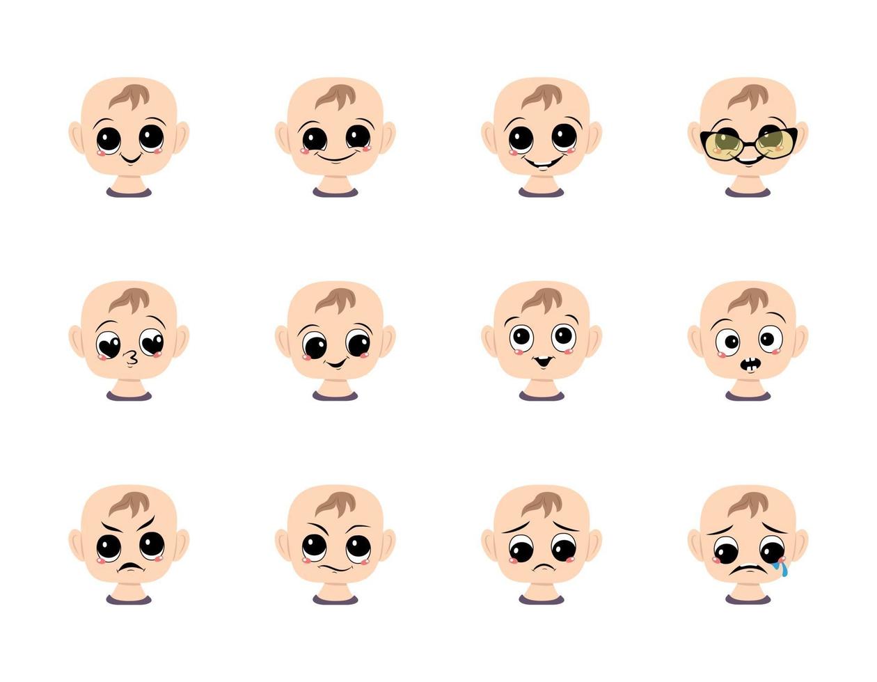 Set of baby avatar with big eyes and wide smile and different emotions. Head of toddler, cute child with joyful, sad or angry face vector