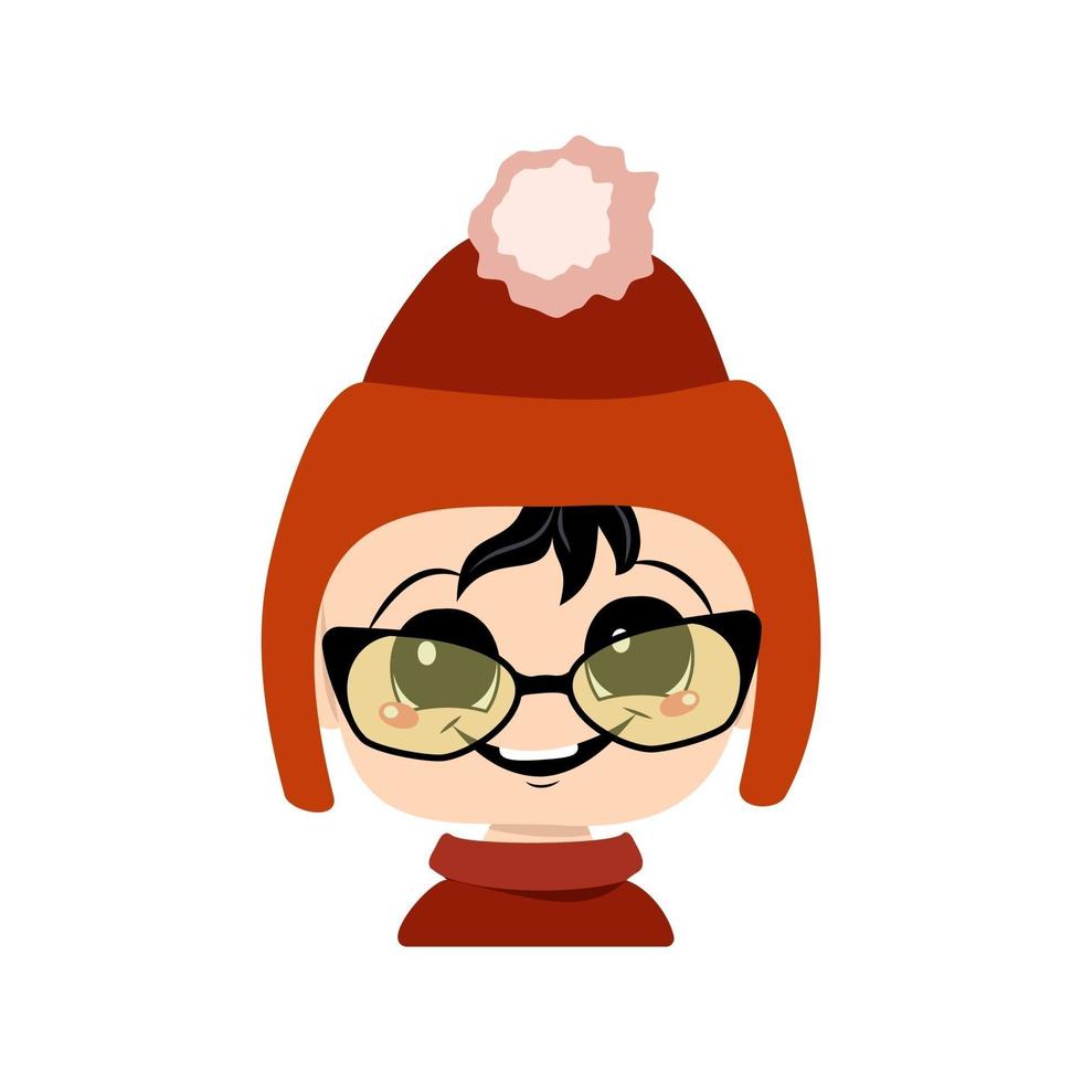 Head of adorable baby with happy emotions. Avatar of a child with big eyes and wide smile red hat with pompom. Cute kid with joyful face in autumnal or winter headdress vector