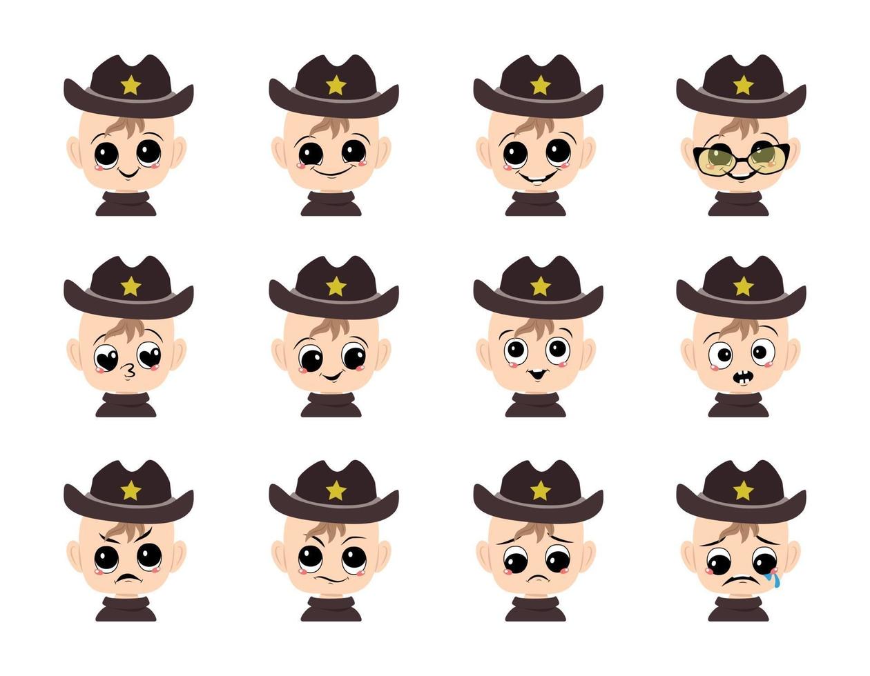 conjunto de avatar de bebé con ojos grandes y amplia sonrisa y diferentes emociones en sombrero de sheriff con estrella amarilla. niño lindo con cara alegre, triste o enojada disfrazada de carnaval. cabeza de niño con expresión vector