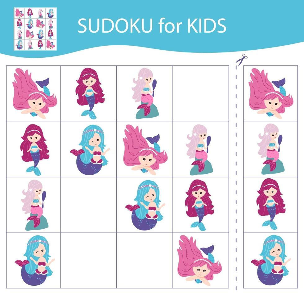 Sudoku game for kids with pictures. Cartoon little mermaids. Vector. vector