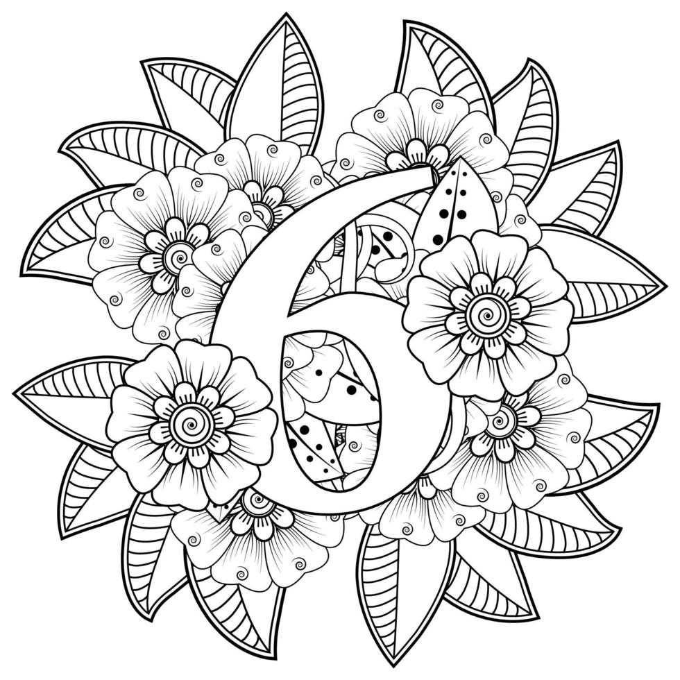 número 6 con adorno decorativo de flores mehndi en estilo étnico oriental página de libro para colorear vector