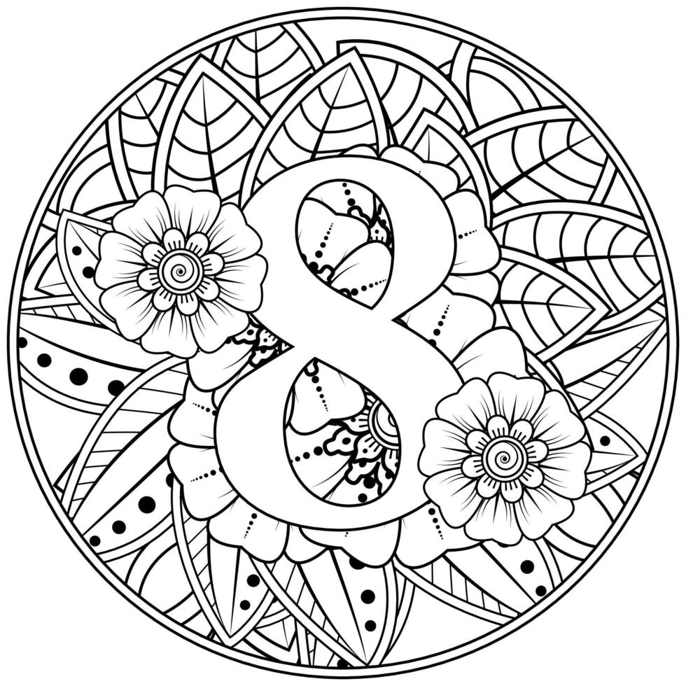 Number eight with mehndi flower decorative ornament in ethnic oriental style coloring book page vector