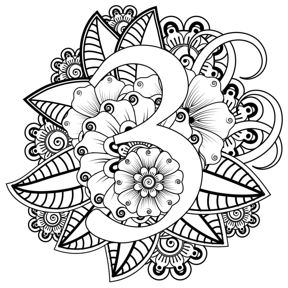 Number 3 with mehndi flower decorative ornament in ethnic oriental style coloring book page vector