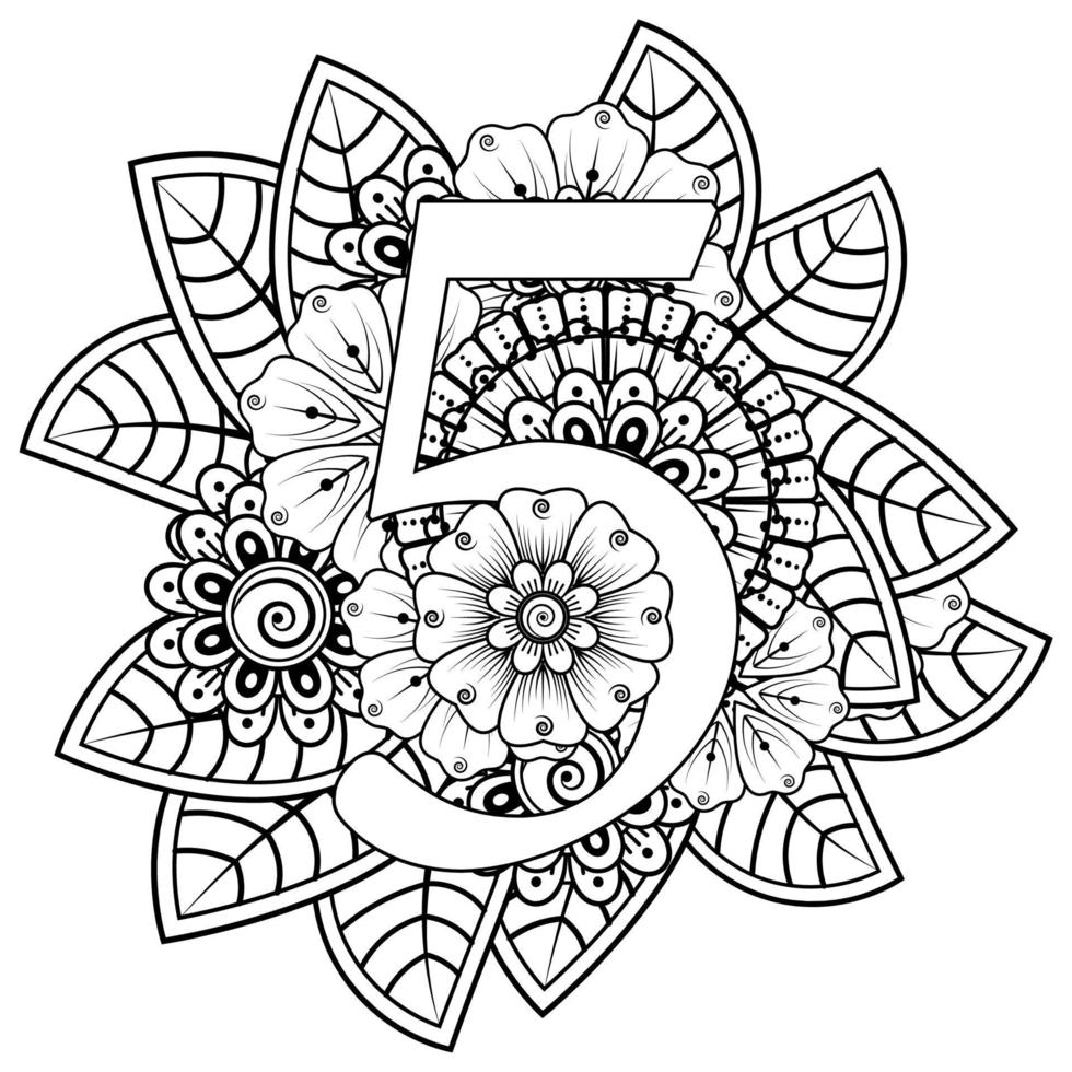 número 5 con adorno decorativo de flores mehndi en estilo étnico oriental página de libro para colorear vector