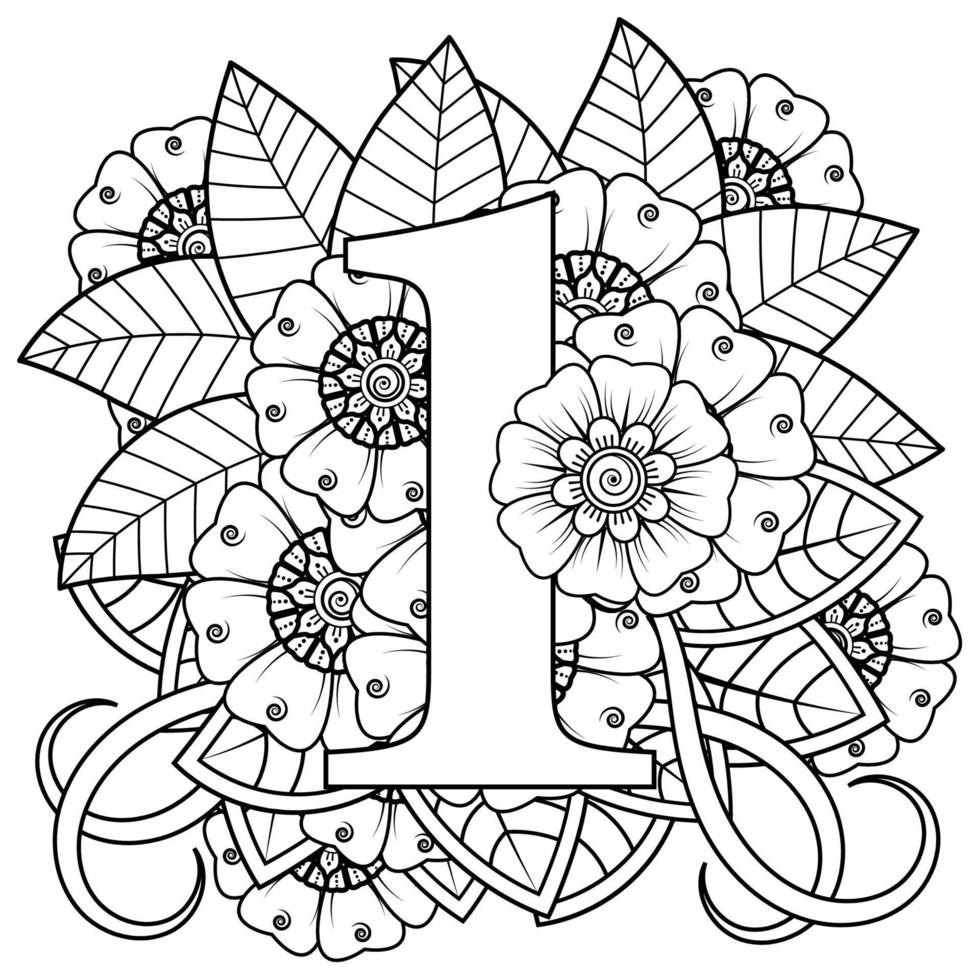 Number one with mehndi flower decorative ornament in ethnic oriental style coloring book page vector