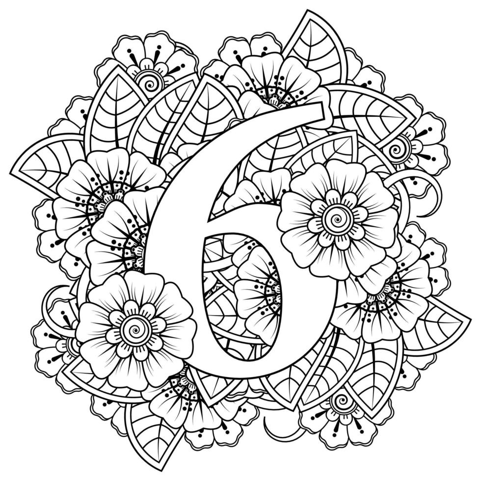 Number 6 with mehndi flower decorative ornament in ethnic oriental style coloring book page vector