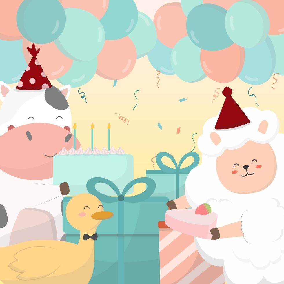 A crowd of animal cow, duck, sheep held a birthday party. vector