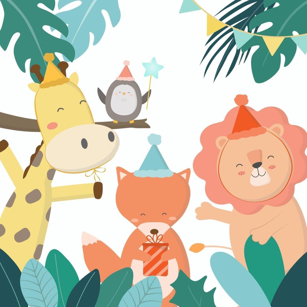 lion, fox, penguin and giraffe has birthday party at home. vector