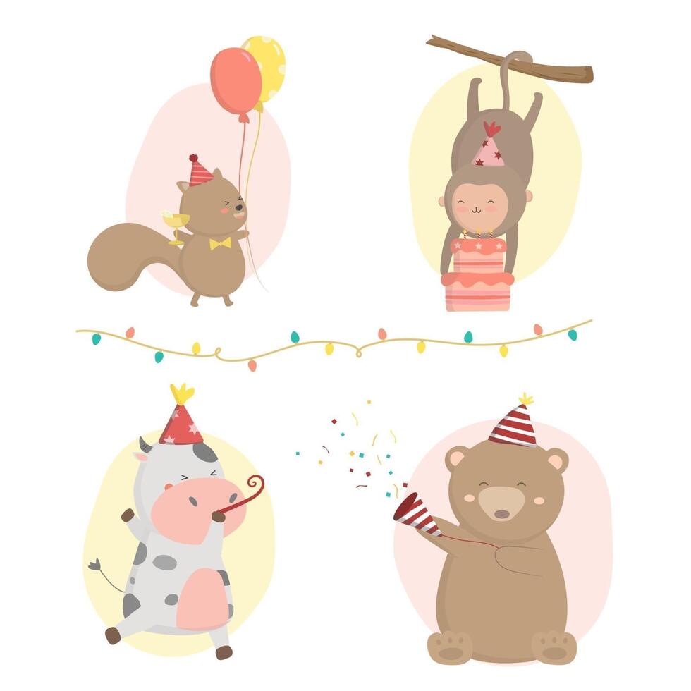 monkey, cow, bear, squirrel, birthday party preparation Together they decorated the venue with balloons and lights. vector