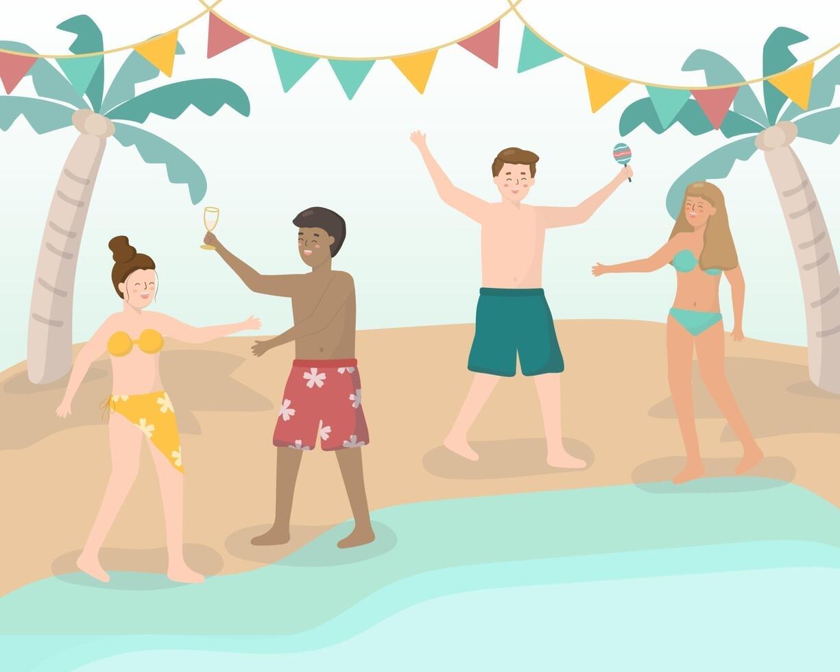 gente de la playa de verano. jóvenes amigos bailando en la playa. vector