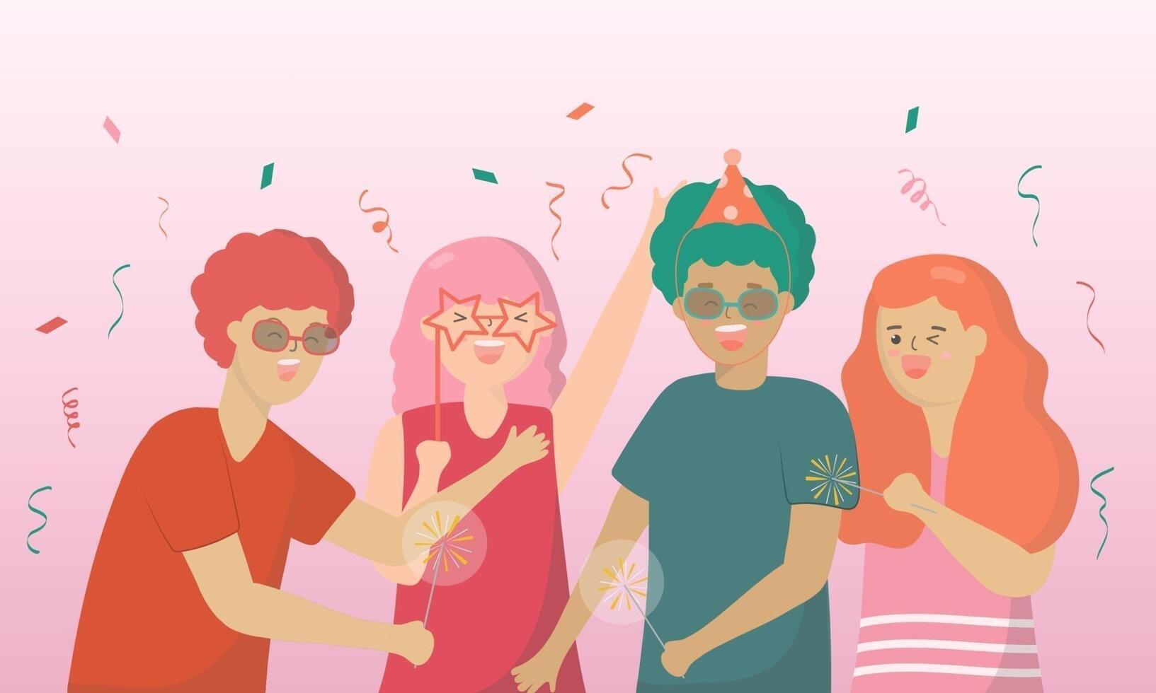 Set of young human friend people characters play with sparkle and wear glasses. vector