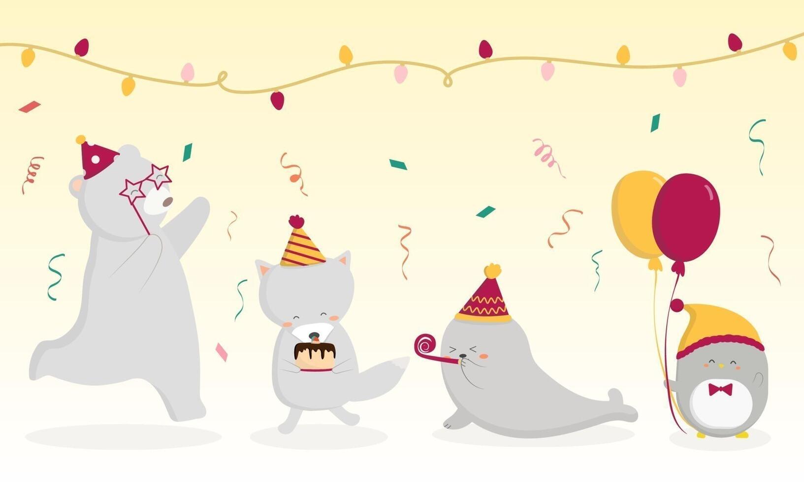 Bear, fox, seal, penguin Animal birthday party preparation together. vector
