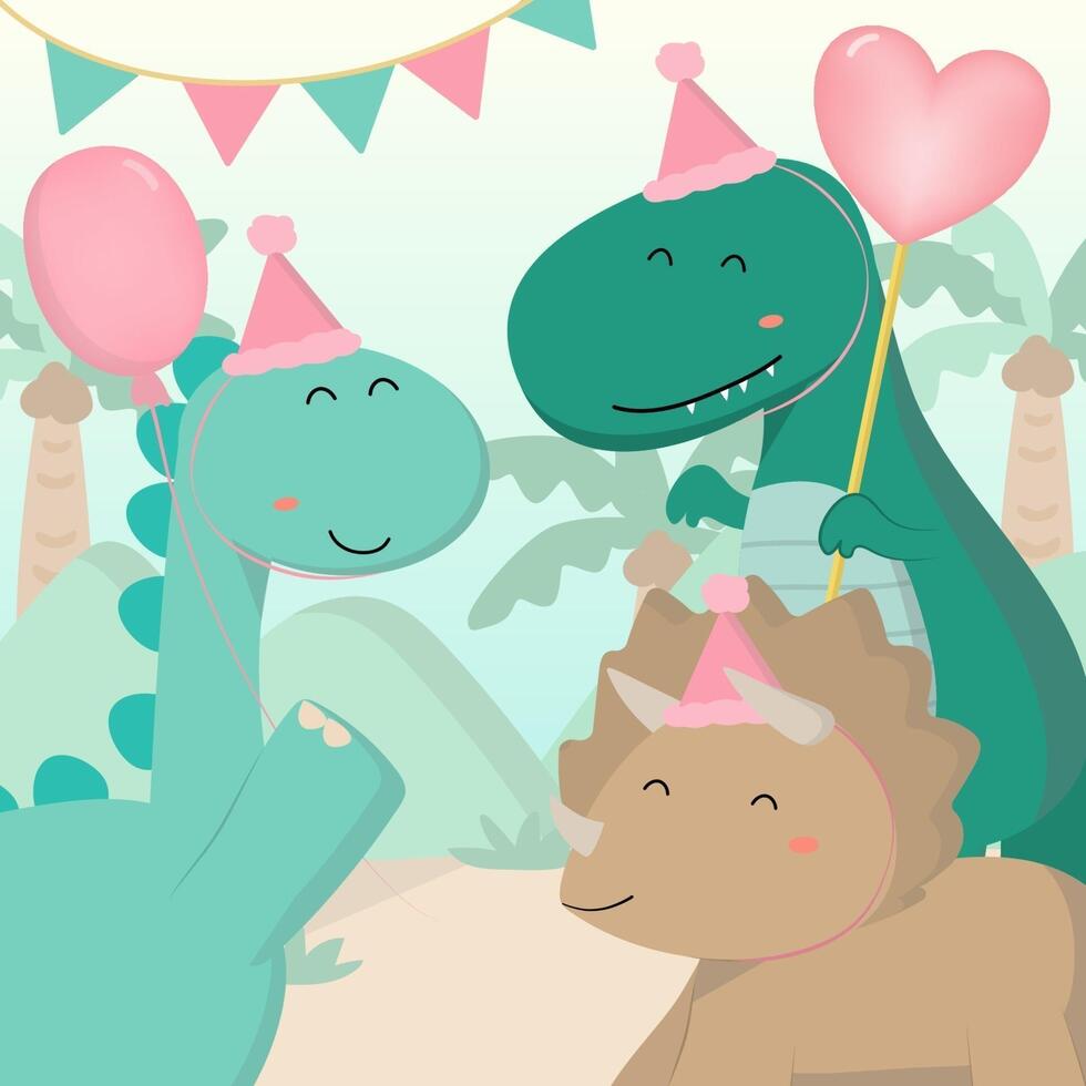 una multitud de dinosaurios celebró una fiesta de cumpleaños. vector