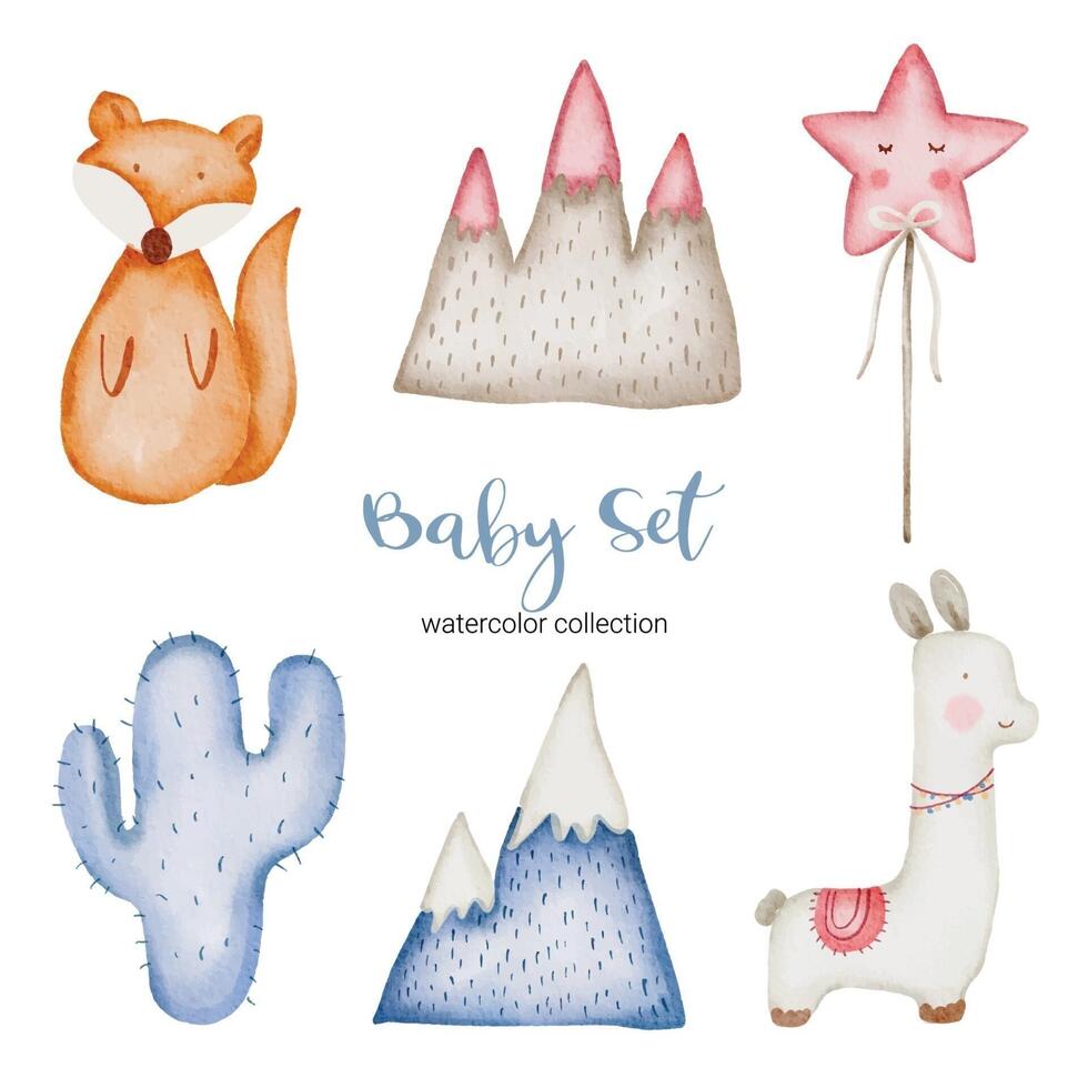 Set of beautiful separate parts of clothes, baby items and toy in water colors vector