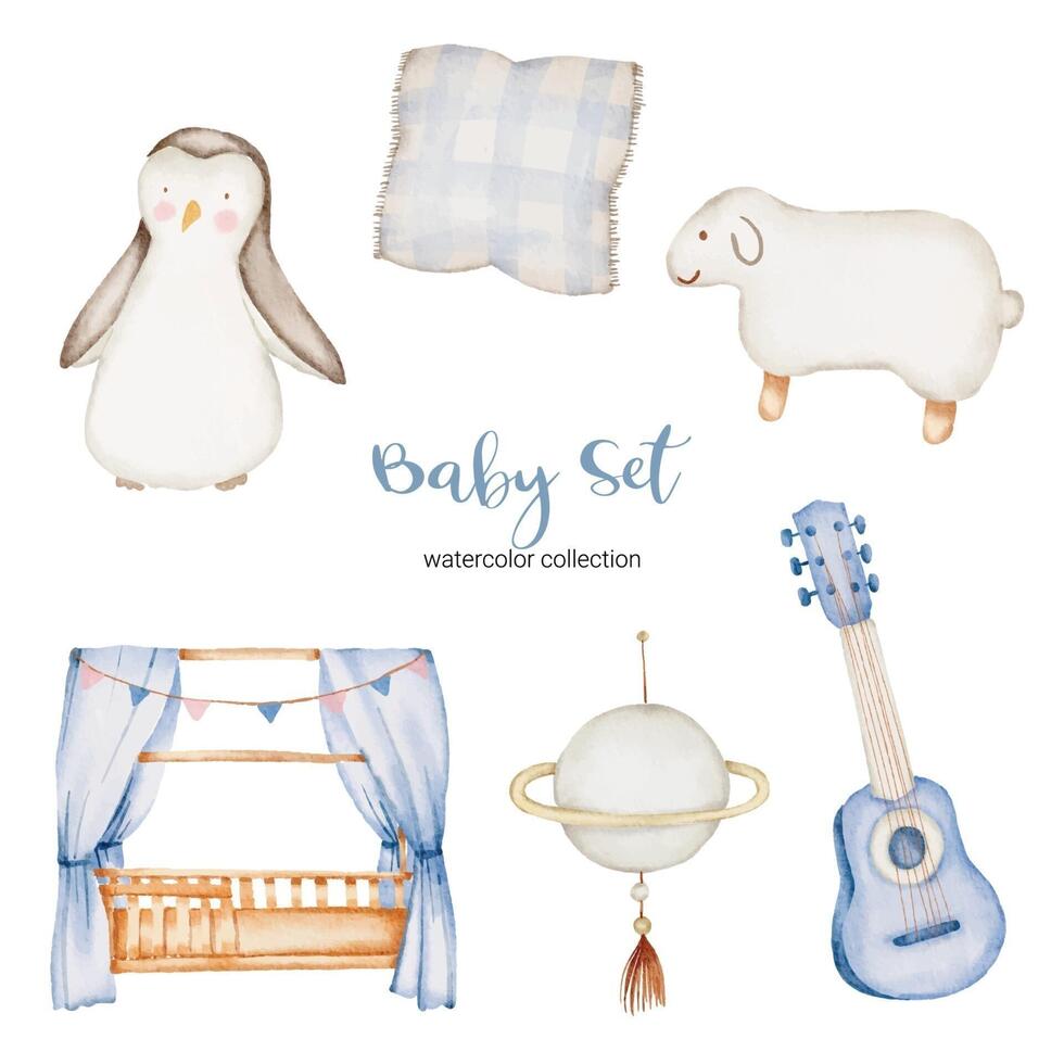 Set of beautiful separate parts of clothes, baby items and toy in water colors vector