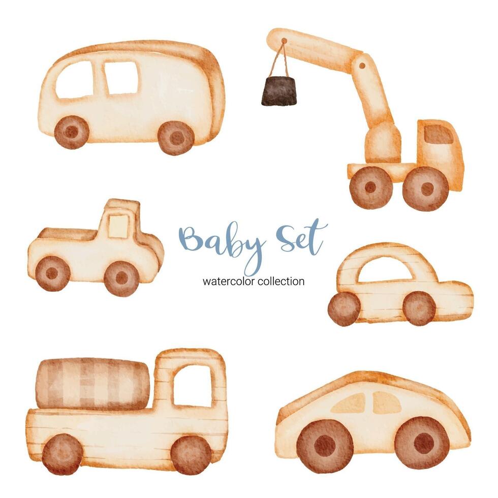 Set of beautiful separate parts of clothes, baby items and toy in water colors vector