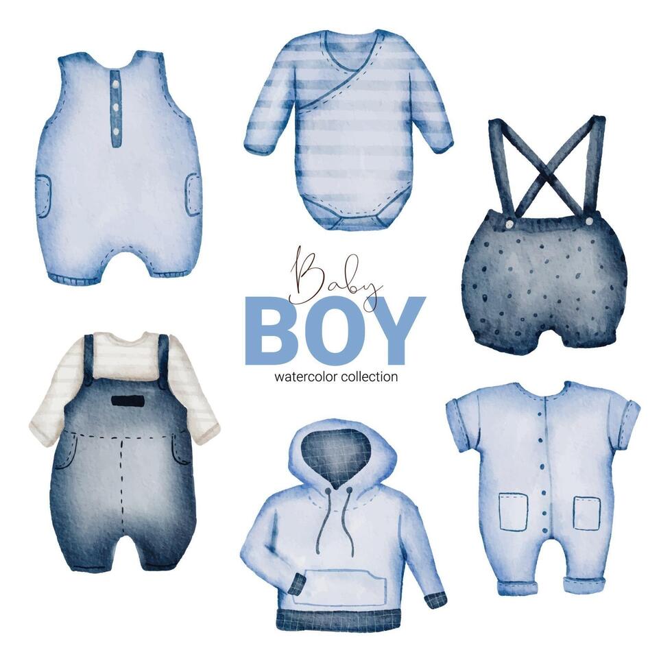 conjunto de hermosas partes separadas de ropa, artículos para bebés y juguetes en colores acuáticos vector