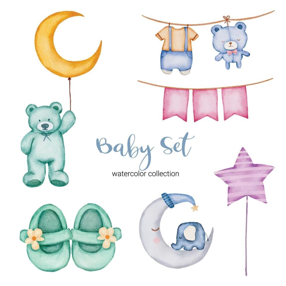 Set of beautiful separate parts of clothes, baby items and toy in water colors vector