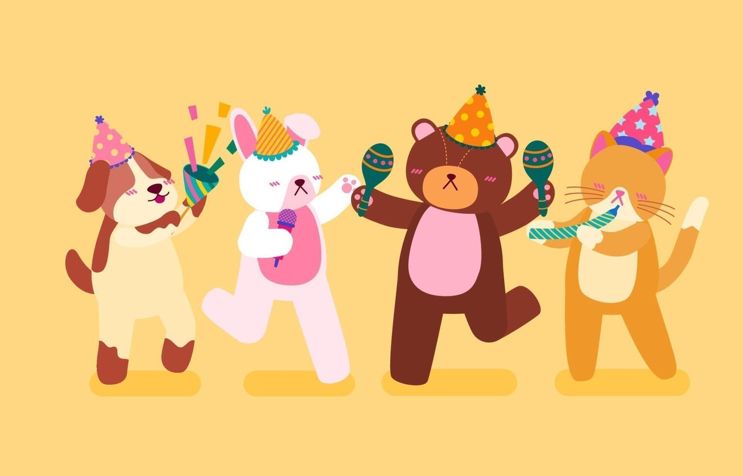 Happy birthday to adorable animal. Cat, dog, rabbit and bear wearing a party hat. vector