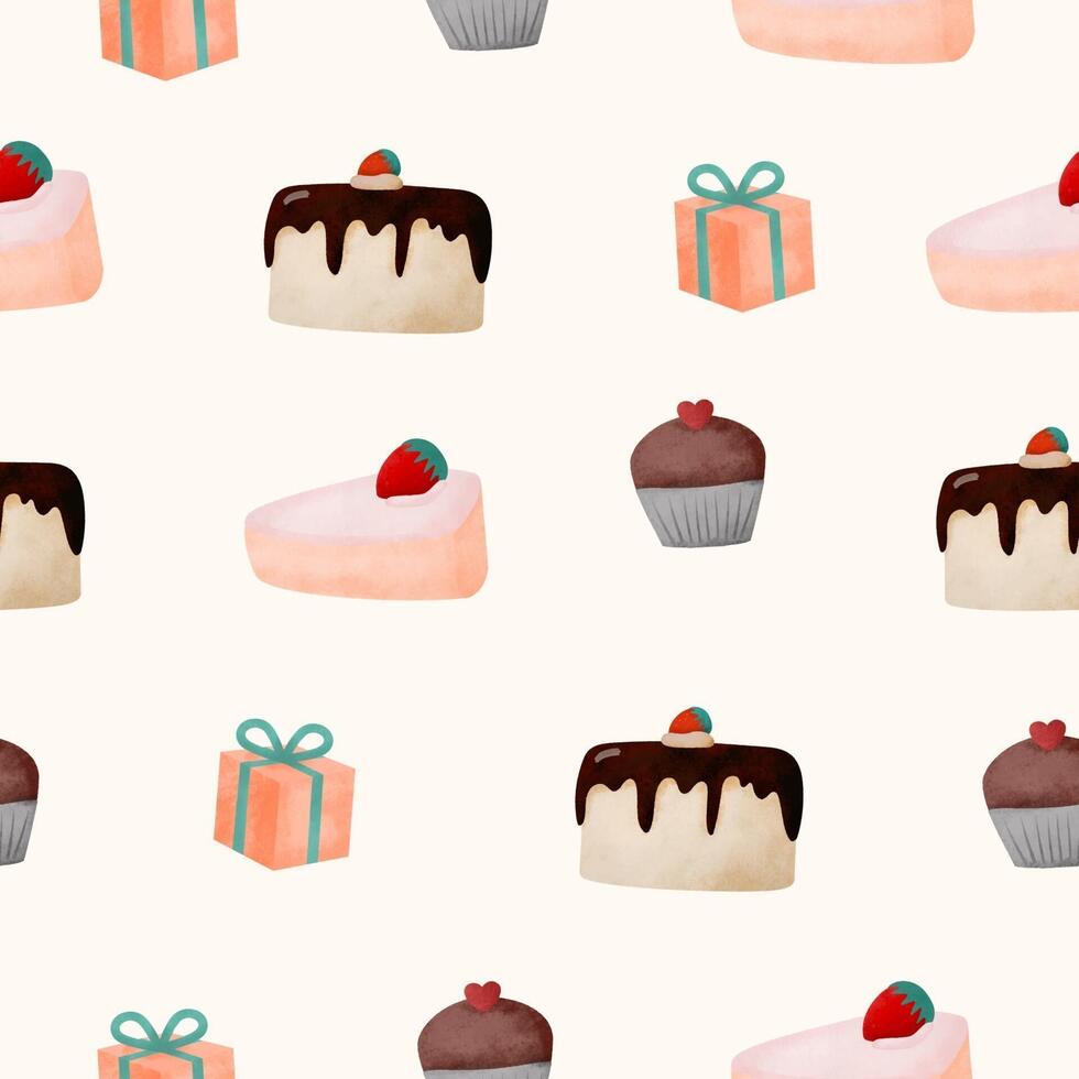 papel de regalo sin costuras o telones de fondo y telones de fondo. imagen de tortas de cup cakes y cajas de regalo. vector