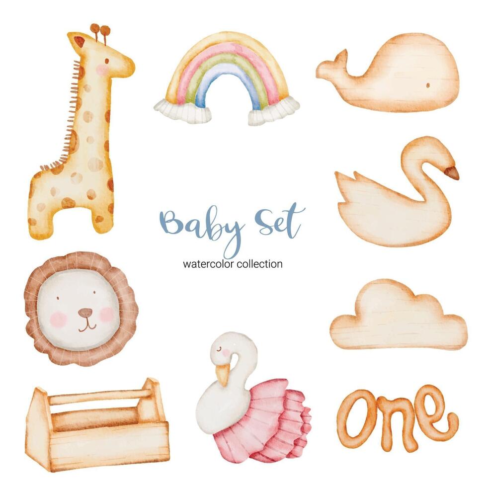 Set of beautiful separate parts of clothes, baby items and toy in water colors vector