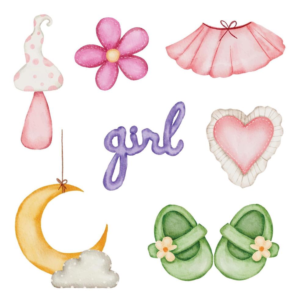 Set of beautiful separate parts of clothes, baby items and toy in water colors vector
