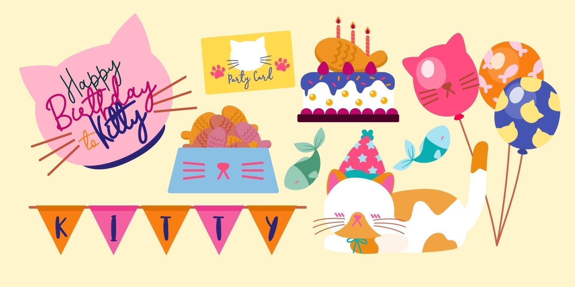 feliz cumpleaños a los adorables gatos con un plato lleno de comida. vector