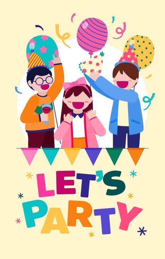 Cartoon birthday party people. Man and woman has birthday party at home. Birthday party decoration with balloon and shoot colorf vector