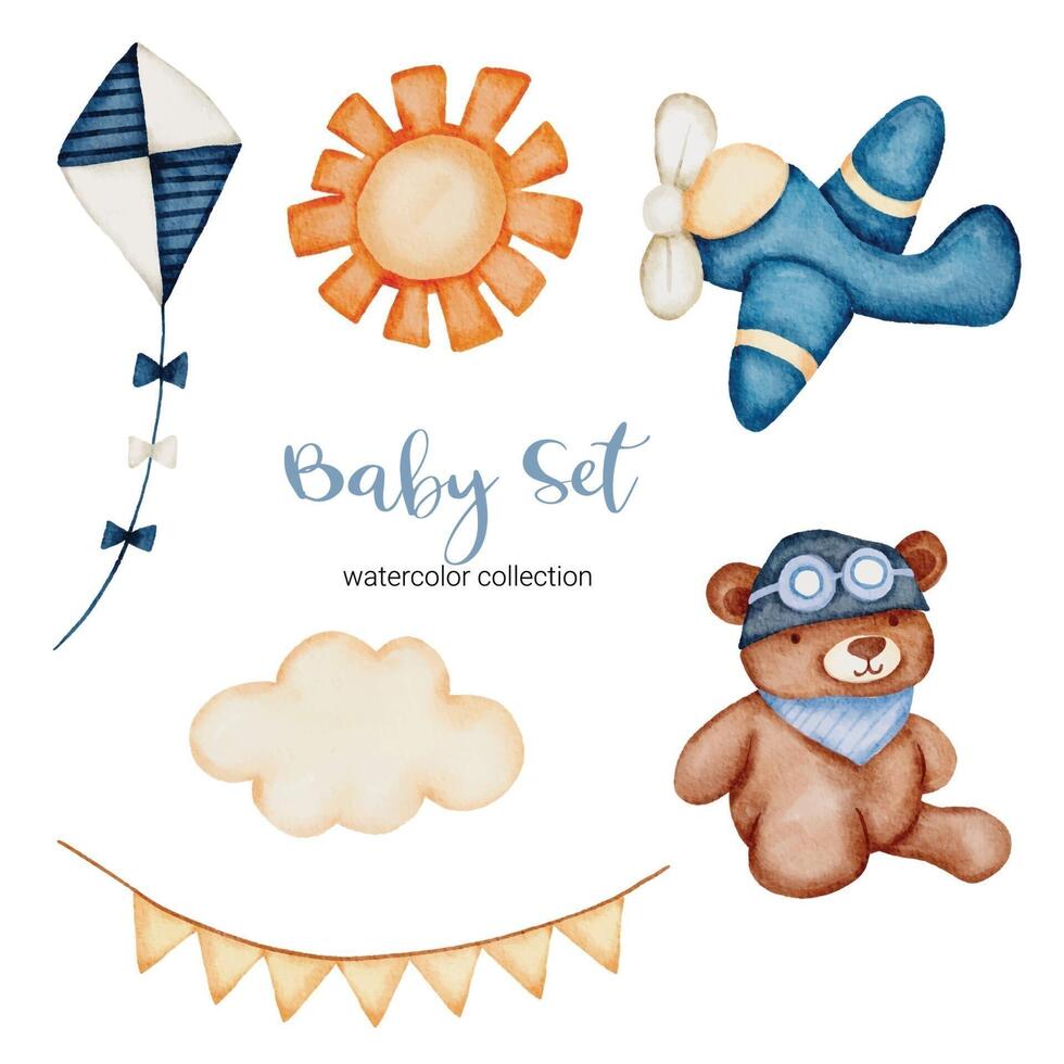 Set of beautiful separate parts of clothes, baby items and toy in water colors vector