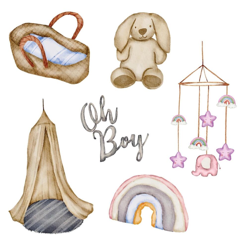 Set of beautiful separate parts of clothes, baby items and toy in water colors vector