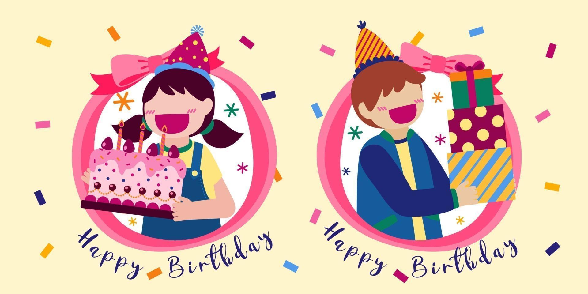Cartoon birthday party people. Man and woman has birthday party at home. Birthday party decoration with balloon and shoot colorf vector