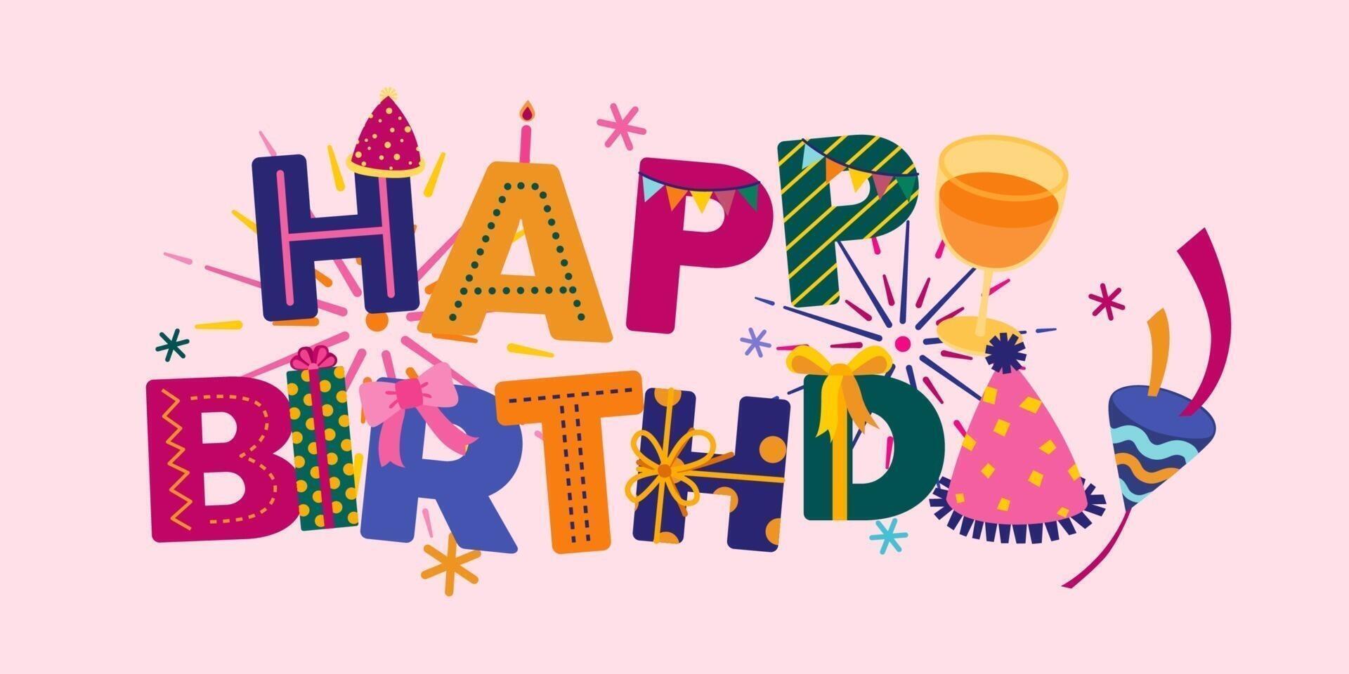 hermosa tarjeta de felicitación feliz cumpleaños palabra. vector