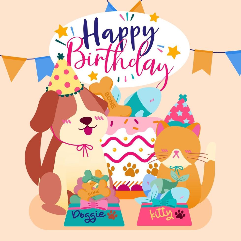 Happy birthday to adorable dogs and cats with a bowl full of food. vector