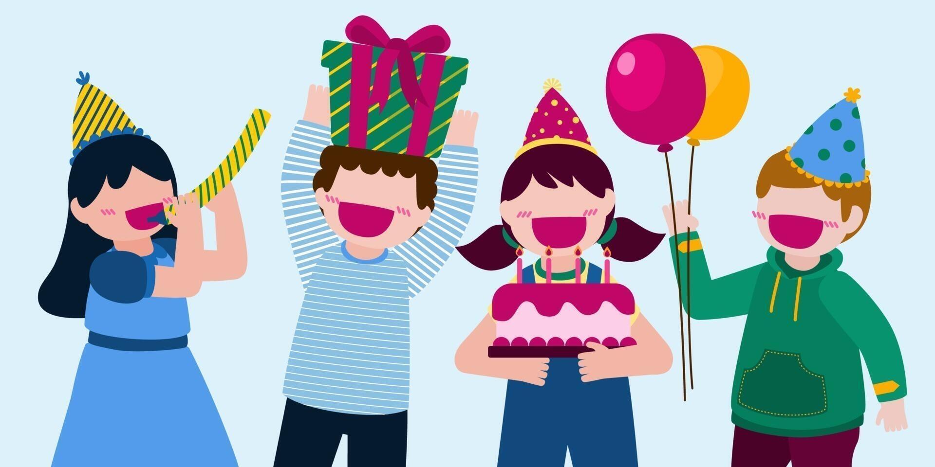 Cartoon birthday party people. Man and woman has birthday party at home. Birthday party decoration with balloon and shoot colorf vector
