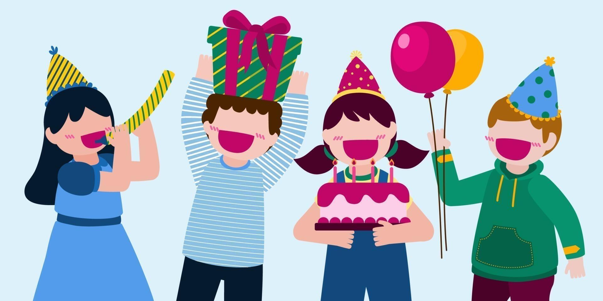 gente de la fiesta de cumpleaños de dibujos animados. hombre y mujer tienen  fiesta de cumpleaños en casa. decoración de fiesta de cumpleaños con globo  y disparar colorf 5238322 Vector en Vecteezy