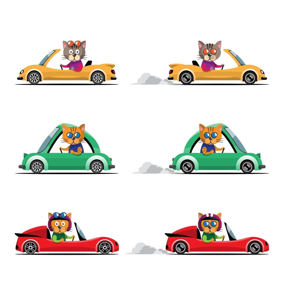 conductor de animales, vehículo de mascotas y gato feliz en el coche. vector