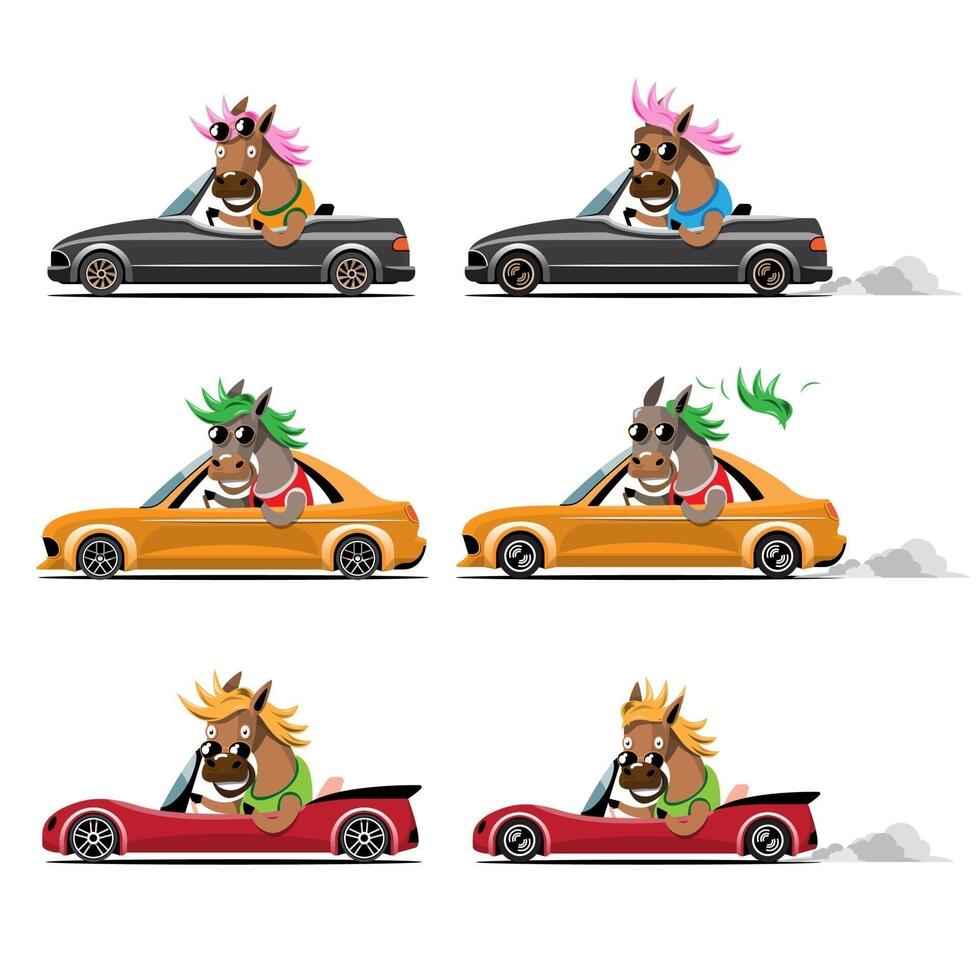 Animal driver, pets vehicle and horse happy in car. vector