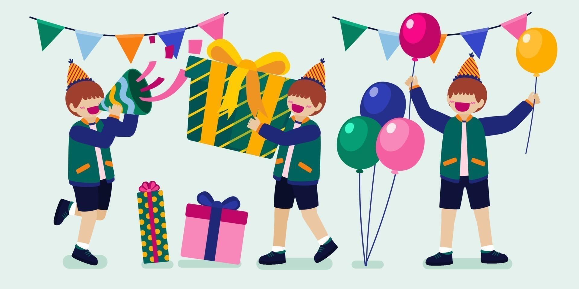 gente de la fiesta de cumpleaños de dibujos animados. hombre y mujer tienen fiesta de cumpleaños en casa. decoración de fiesta de cumpleaños con globo y disparar colorf vector