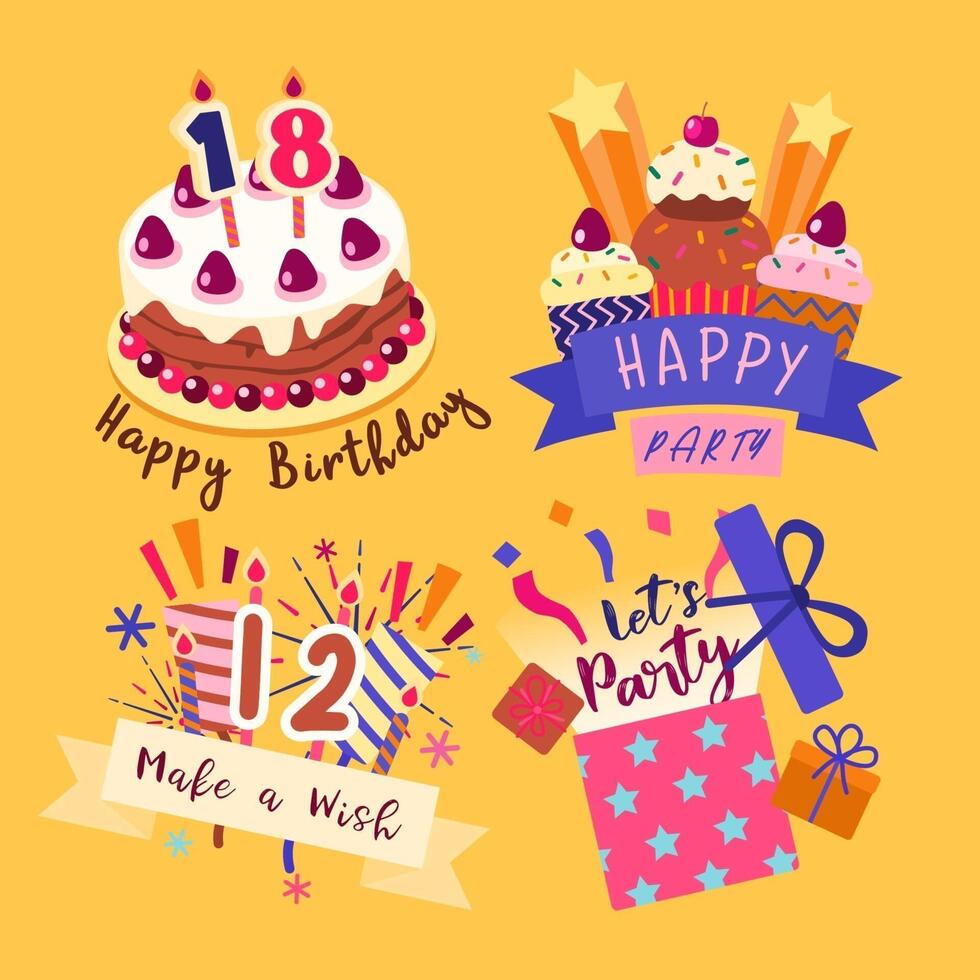 conjunto de elementos de diseño de fiesta de cumpleaños. pastel, cup cake, fuegos artificiales y caja de regalo. vector