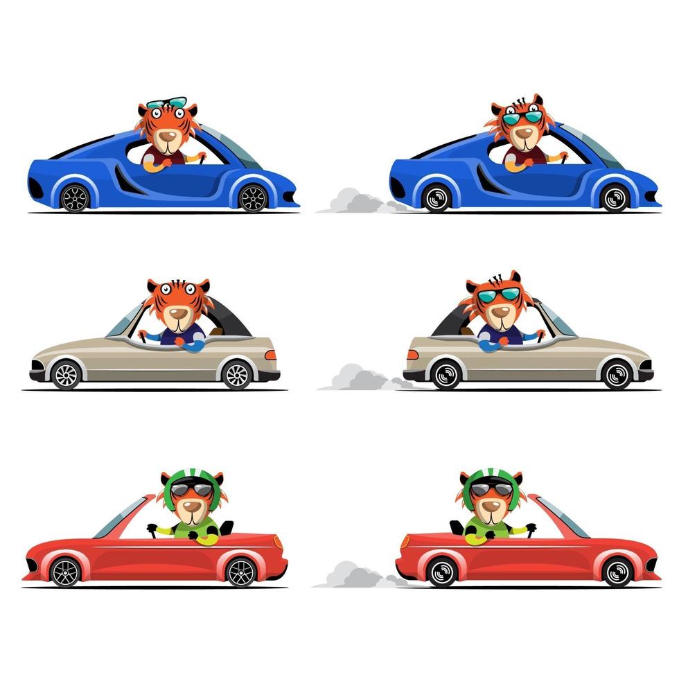 Animal driver, pets vehicle and tiger happy in car. vector