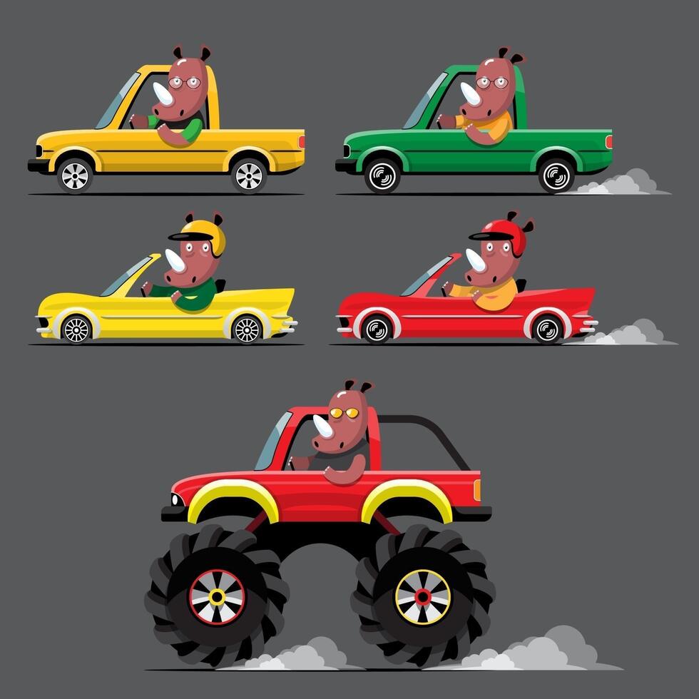 Animal driver, pets vehicle and rhinoceros happy in car. vector