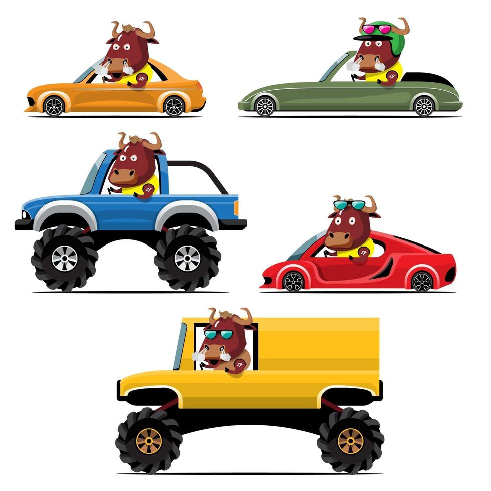 Animal driver, pets vehicle and bison happy in car. vector