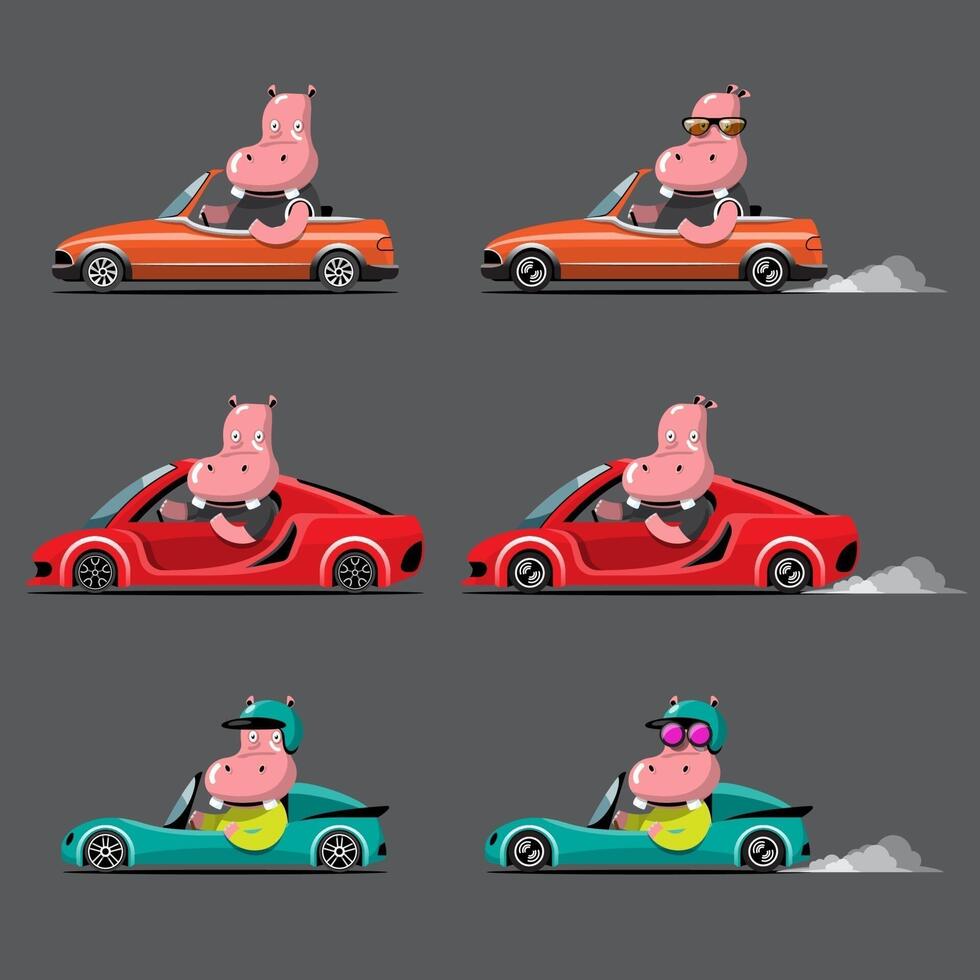 Animal driver, pets vehicle and hippopotamus happy in car. vector