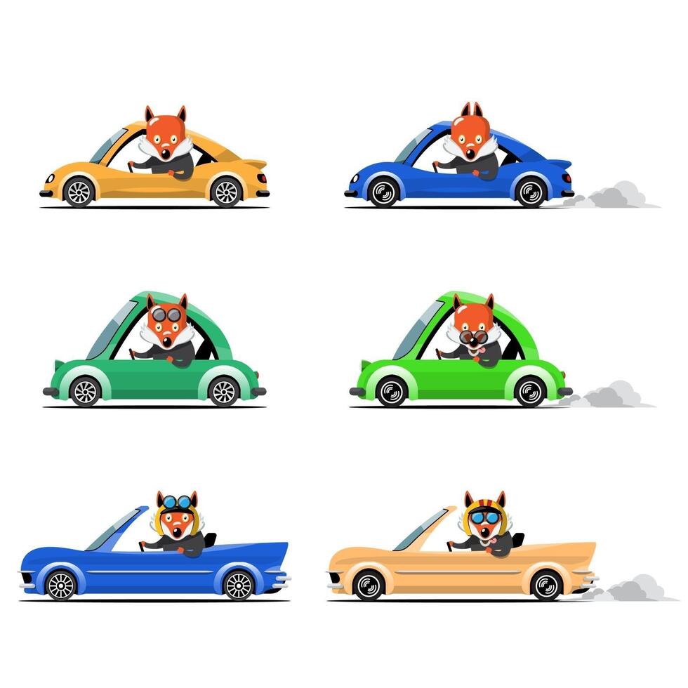 conductor animal, vehículo de mascotas y zorro feliz en el coche. vector