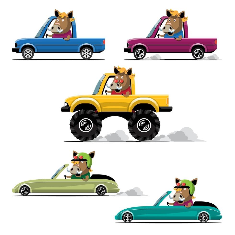 conductor de animales, vehículo de mascotas y jabalí feliz en coche. vector