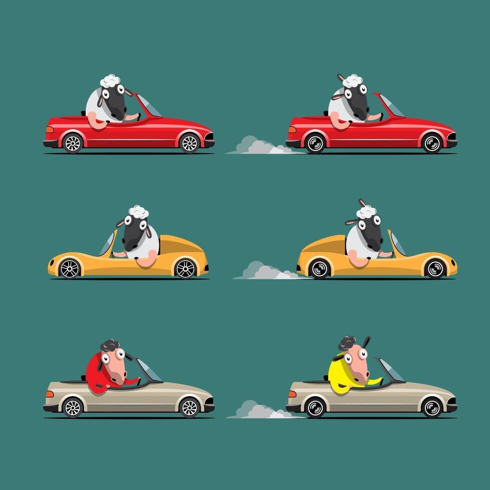 Animal driver, pets vehicle and sheep happy in car. vector