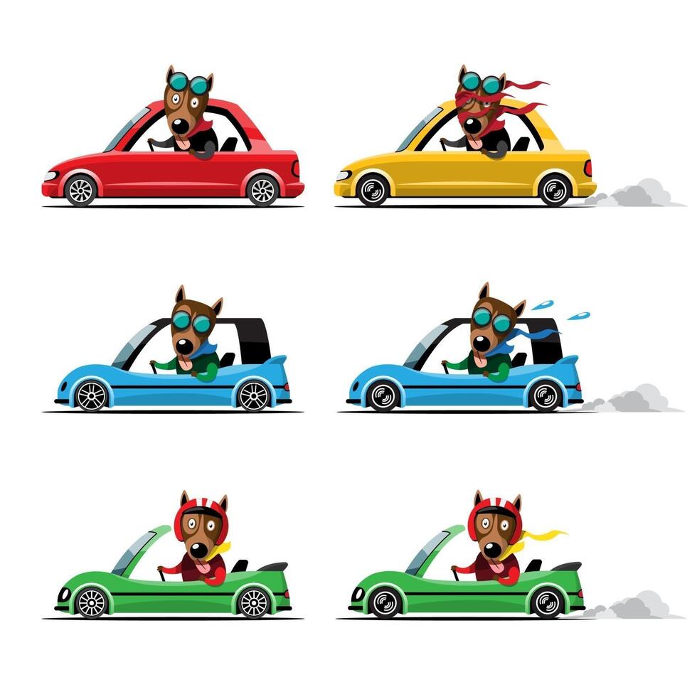 conductor de animales, vehículo de mascotas y perro feliz en el coche. vector